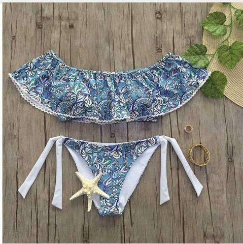 Purpton Womens Wear Light Blue / L Sexy Women Printed Bikini Floral Split Swimsuit