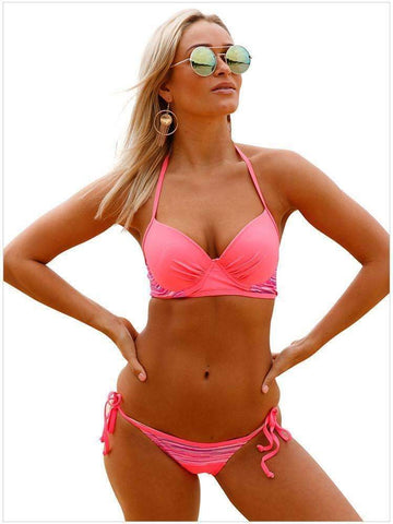 Purpton Womens Wear S / as shown Striped Detail Bright Coral Bikini Swimsuit