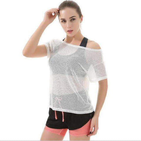 Purpton Womens Wear White / One Size Women Black Short Sleeve Elastic Yoga Mesh Sports T Shirt Fitness Women's Gym Running Black Tops Tee Quick Dry Shirts